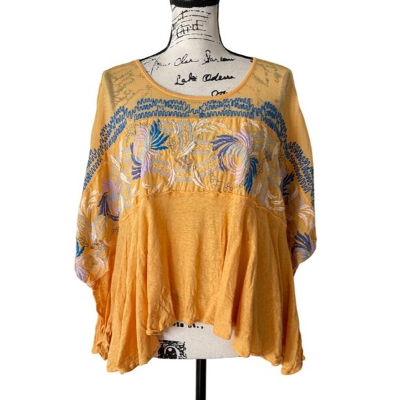 Free People Love Letter Top Embroidered Yellow Boho Cotton Oversized Womens S - Picture 2 of 8